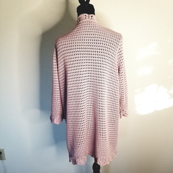 Knit Cardigan Crochet Granny Square TrimOpen Front 3/4 Sleeve Cotton Blend - Picture 4 of 8